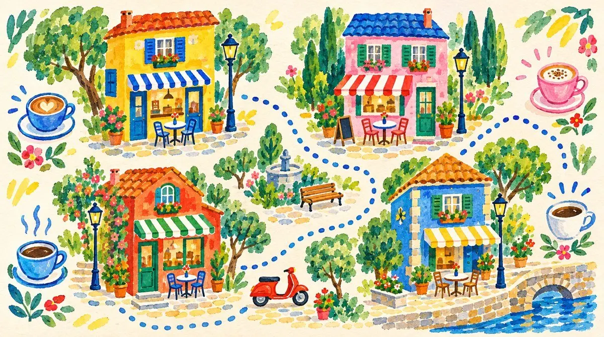 A painted map of a neighbourhood with cafés and a dotted walking path
