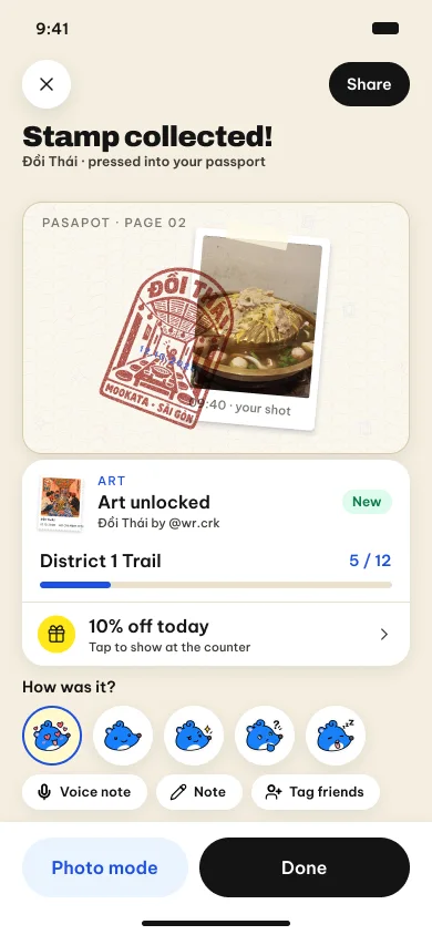 Stamp collected screen